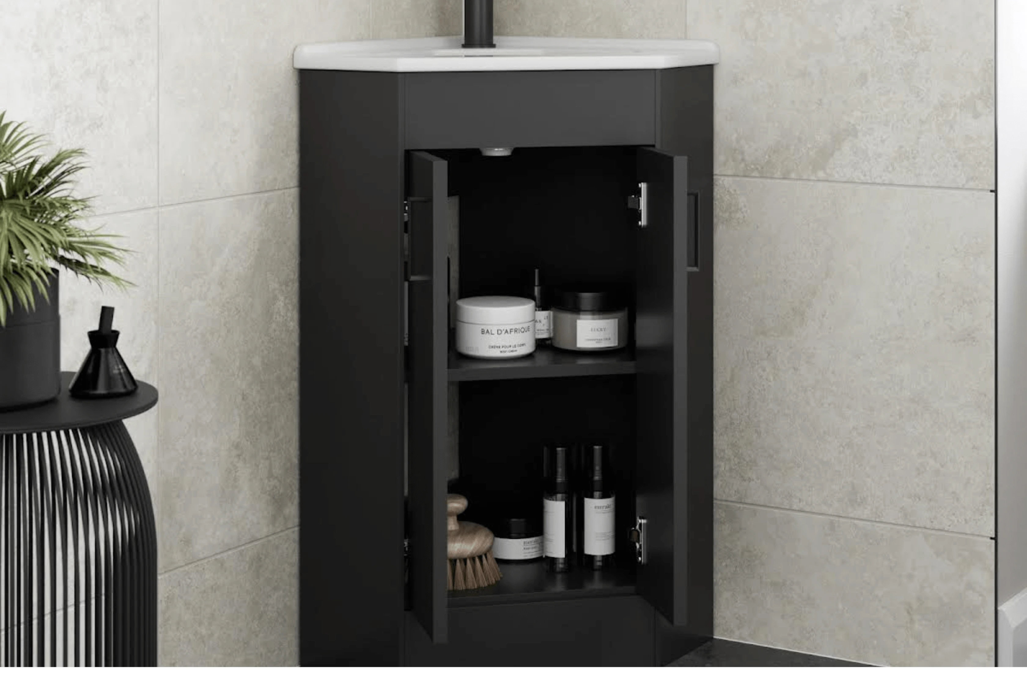 Corner Vanity Unit In The Corner Of A Bathroom Space